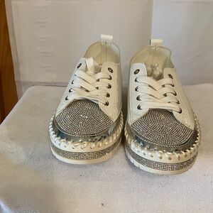 Women’s Bedazzled Faux Leather White/Silver Rhinestone 245(approx 7.5) Sneakers
